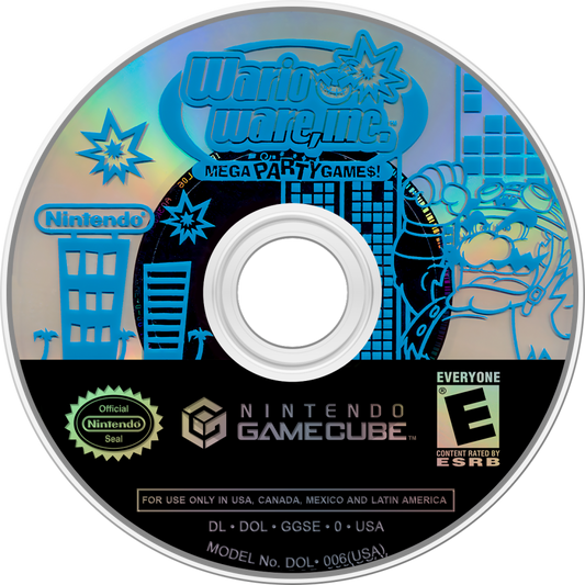 WarioWare Mega Party Games GameCube GC video game, party game, fast-paced microgames, multiplayer, family-friendly, Nintendo GameCube classic disc art
