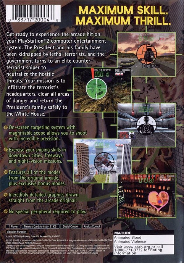 Silent Scope – PlayStation 2 (PS2) video game back of case, arcade light-gun shooter.