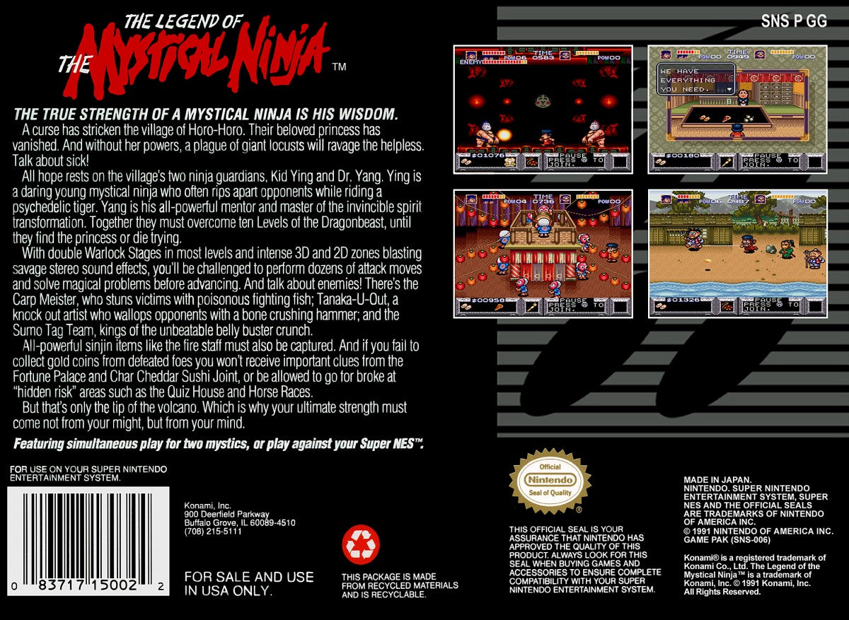 Retro Legend of the Mystical Ninja SNES inspired design featuring classic Konami action adventure aesthetic colorful feudal Japan side scrolling gameplay quirky humor co op battles pixel art exploration nostalgic Super Nintendo presentation back cover art