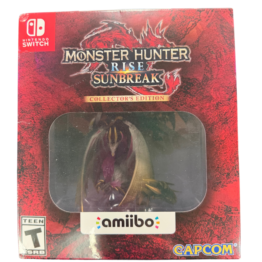 Monster Hunter Rise Sunbreak Collector's Edition Nintendo Switch NS factory sealed video game bundle featuring intense monster hunting action expansive fantasy environments challenging hunts weapon and armor customization cooperative multiplayer gameplay exclusive collector's edition contents and included Monster Hunter Amiibo figures collectible Nintendo gaming appeal