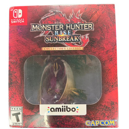 Monster Hunter Rise Sunbreak Collector's Edition Nintendo Switch NS factory sealed video game bundle featuring intense monster hunting action expansive fantasy environments challenging hunts weapon and armor customization cooperative multiplayer gameplay exclusive collector's edition contents and included Monster Hunter Amiibo figures collectible Nintendo gaming appeal