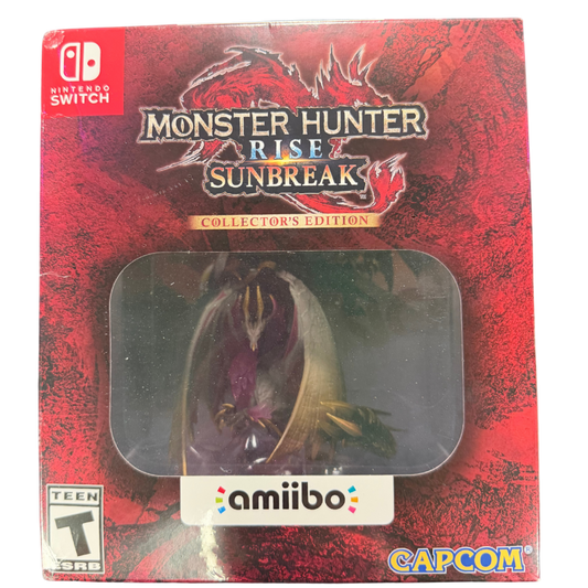 Monster Hunter Rise Sunbreak Collector's Edition Nintendo Switch NS factory sealed video game bundle featuring intense monster hunting action expansive fantasy environments challenging hunts weapon and armor customization cooperative multiplayer gameplay exclusive collector's edition contents and included Monster Hunter Amiibo figures collectible Nintendo gaming appeal
