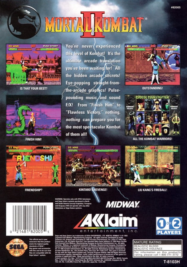 Mortal Kombat II back cover art for Sega Saturn SS video game