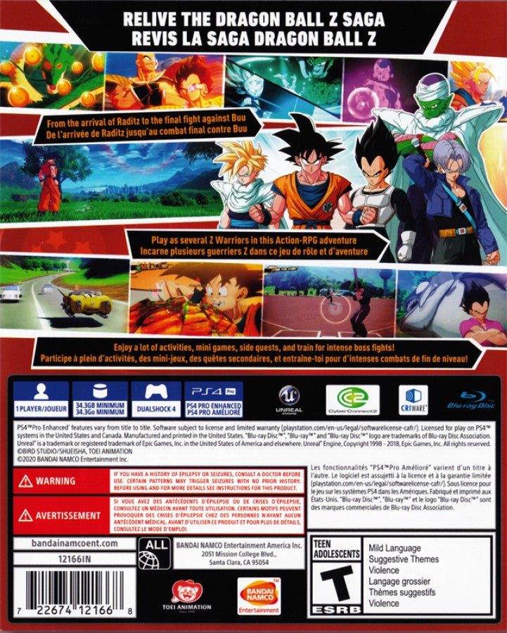 Dragon Ball Z: Kakarot – PlayStation 4 (PS4) video game back of case, action RPG by Bandai Namco Entertainment