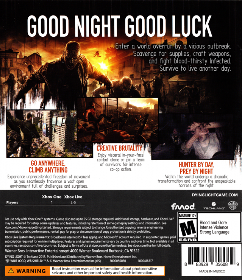 Dying Light – Xbox One (XONE) back of case for open-world zombie survival action game with parkour combat