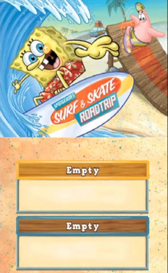 SpongeBob Surf & Skate: Roadtrip for Nintendo DS sports adventure game featuring skateboarding and surfing challenges, colorful Bikini Bottom levels, mini games, and stylus controlled family friendly gameplay experience gameplay