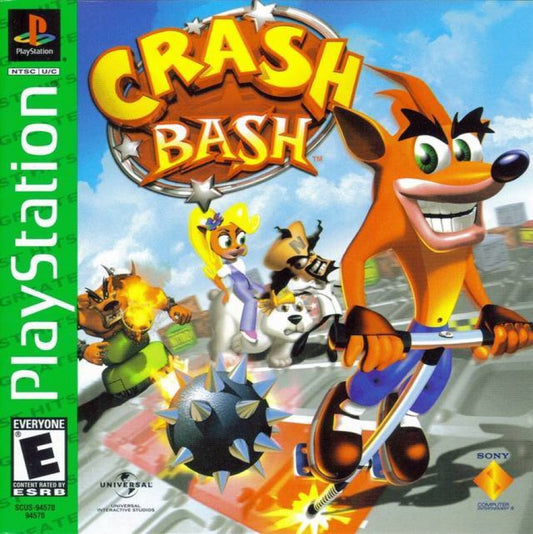 Crash Bash Greatest Hits PlayStation 1 party video game Eurocom 30 minigames adventure battle tournament modes 4-player multitap Crash Coco Cortex Tiny Dingodile multiplayer competition arena battles TNT crates pogo stick tanks hovercraft Sony front cover