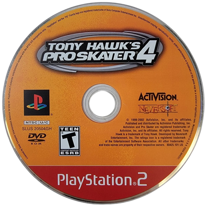 Tony Hawk's Pro Skater 4 [Greatest Hits] – PlayStation 2 (PS2) video game disc, skateboarding sports action.