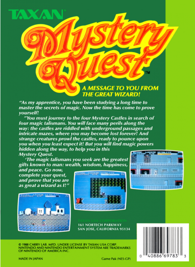 Mystery Quest back of box for Nintendo Entertainment System (NES) retro video game 