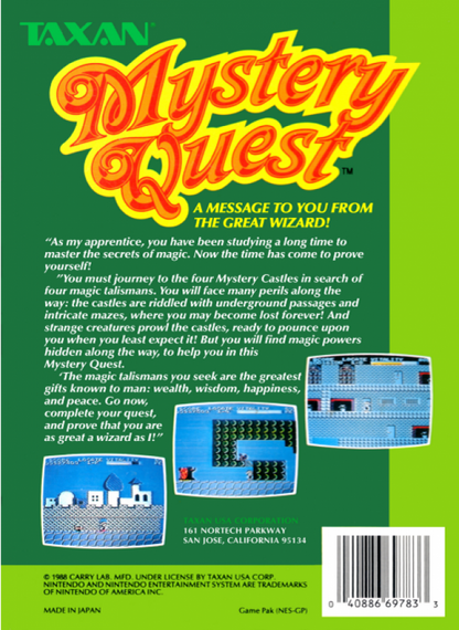 Mystery Quest back of box for Nintendo Entertainment System (NES) retro video game 
