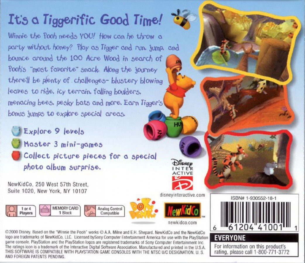 Disney’s Tigger’s Honey Hunt retro platform adventure game for PlayStation 1 (PS1) back of case
