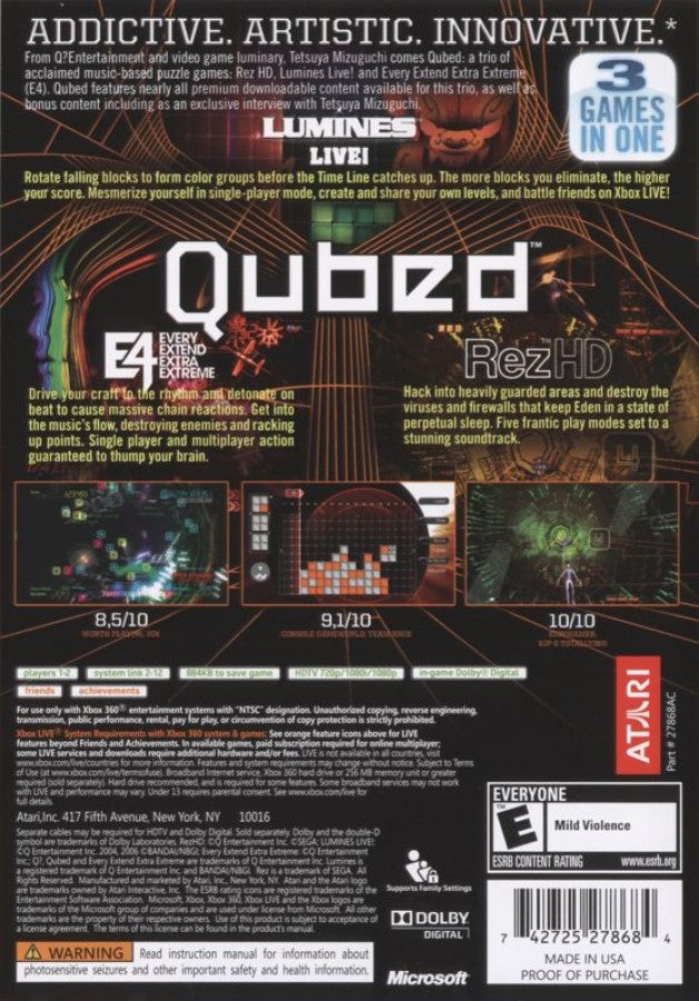 Qubed back of case for Xbox 360 (X360) puzzle and music video game compilation
