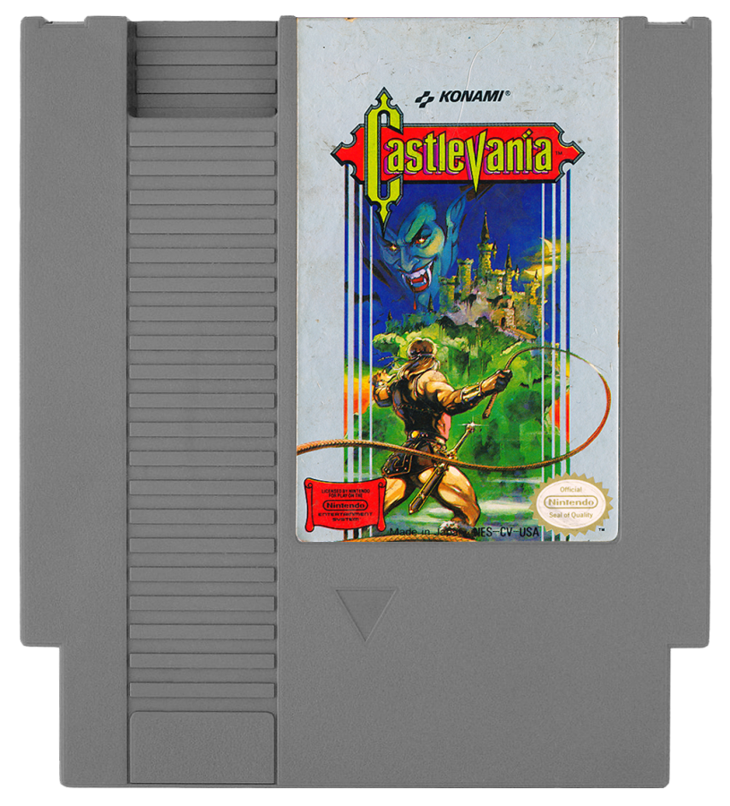 Castlevania cartridge for the Nintendo Entertainment System featuring a gothic 8 bit side scrolling action platformer with vampire hunting gameplay as Simon Belmont battling through Dracula’s castle cartridge