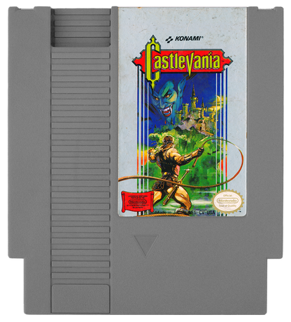 Castlevania cartridge for the Nintendo Entertainment System featuring a gothic 8 bit side scrolling action platformer with vampire hunting gameplay as Simon Belmont battling through Dracula’s castle cartridge