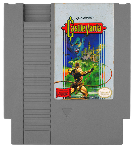 Castlevania cartridge for the Nintendo Entertainment System featuring a gothic 8 bit side scrolling action platformer with vampire hunting gameplay as Simon Belmont battling through Dracula’s castle cartridge