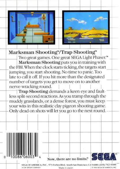 Marksman Shooting and Trap Shooting – Sega Master System (SMS) back of case for light gun shooting video game