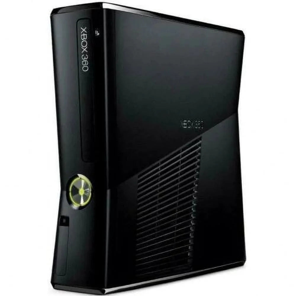 Xbox 360 Slim console system 250GB, Xbox 360 S model, Microsoft gaming console, built-in Wi-Fi, home entertainment system front corner shot