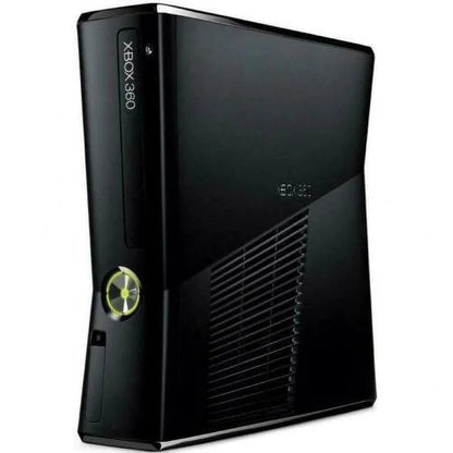 Xbox 360 Slim console system 250GB, Xbox 360 S model, Microsoft gaming console, built-in Wi-Fi, home entertainment system front corner shot