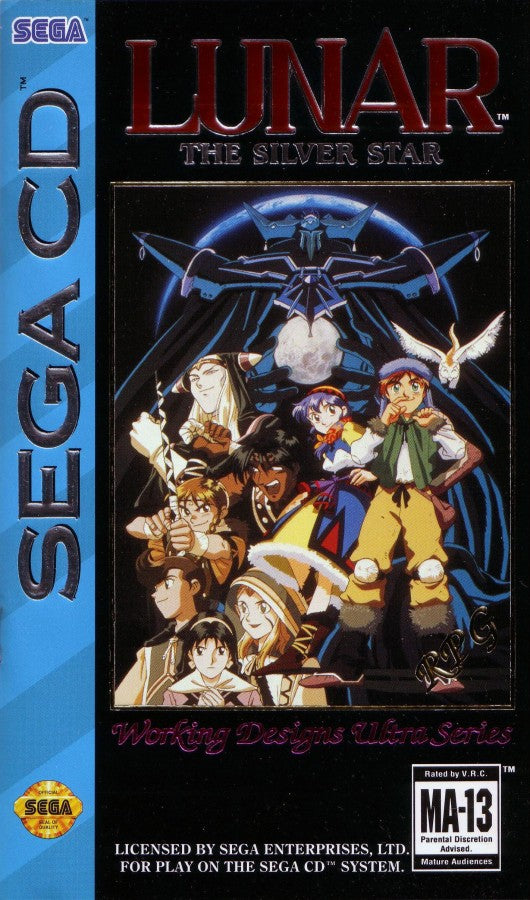 Lunar The Silver Star Sega CD JRPG role playing game anime style fantasy adventure Working Designs turn based combat story driven classic RPG cutscenes voice acting retro gaming Sega CD software video game title cover art