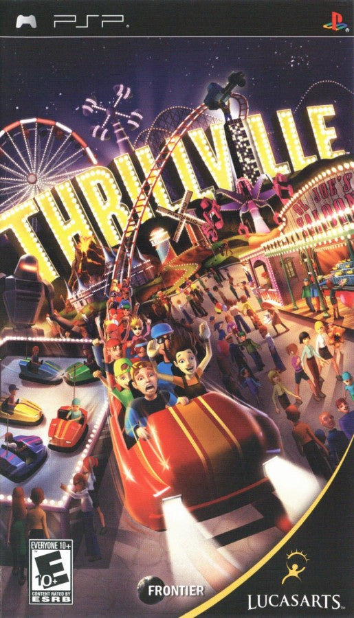 Thrillville PlayStation Portable PSP for retro video game enthusiasts featuring theme park simulation gameplay amusement park management roller coaster creation carnival mini games family friendly entertainment colorful environments and collectible gaming appeal cover art 