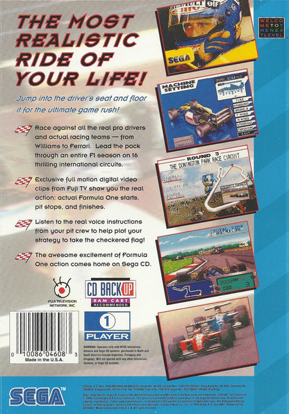 Formula One Beyond the Limit Sega CD racing simulation Formula 1 motorsport game realistic tracks cockpit driving perspective high speed racing enhanced CD audio time trial and championship gameplay Sega retro gaming Sega CD software video game title back cover art