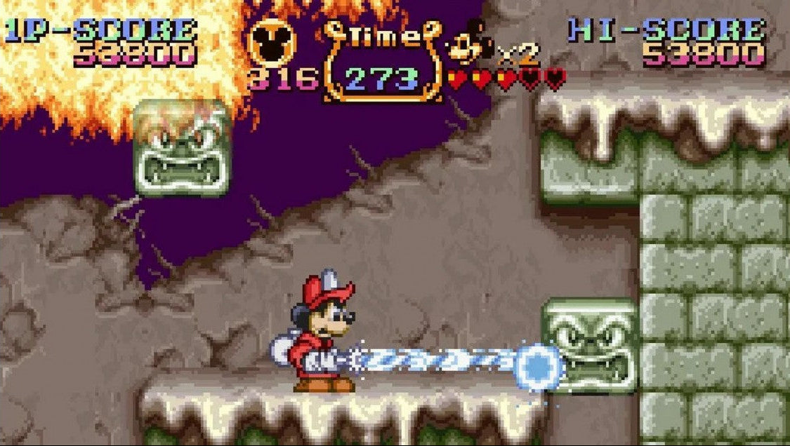 Retro Magical Quest Starring Mickey Mouse SNES inspired design featuring classic Disney platform adventure aesthetic colorful side scrolling gameplay whimsical fantasy worlds charming cartoon visuals Capcom action platformer nostalgic Super Nintendo presentation gameplay
