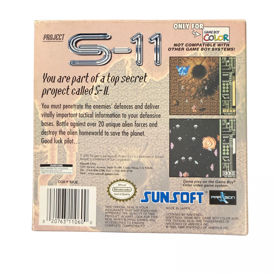 Project S-11 Game Boy Color GBC video game featuring vertical scrolling shoot em up gameplay spaceship combat enemy waves power ups challenging stages boss battles and classic handheld arcade action retro video game collection collectible gaming appeal back cover art