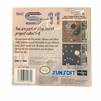 Project S-11 Game Boy Color GBC video game featuring vertical scrolling shoot em up gameplay spaceship combat enemy waves power ups challenging stages boss battles and classic handheld arcade action retro video game collection collectible gaming appeal back cover art