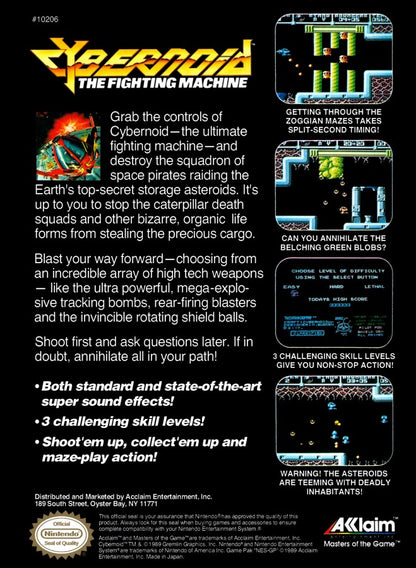 Cybernoid The Fighting Machine Complete in Box CIB Nintendo Entertainment System NES for retro video game enthusiasts featuring side scrolling shoot em up gameplay futuristic spacecraft combat challenging enemy waves powerful weapon upgrades sci fi arcade action complete in box collectible gaming appeal back cover