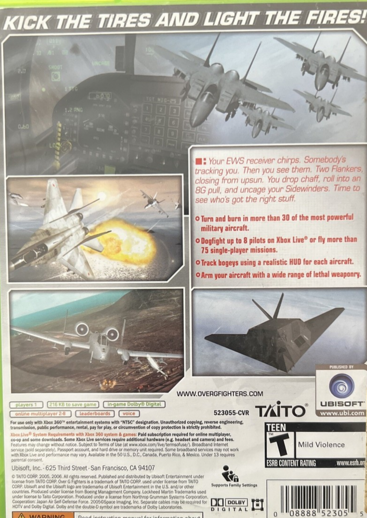 Over G Fighters Xbox 360 for retro video game enthusiasts featuring realistic modern jet combat gameplay aerial dogfights authentic military aircraft mission based flight simulation strategic air battles immersive cockpit action and collectible gaming appeal back cover 