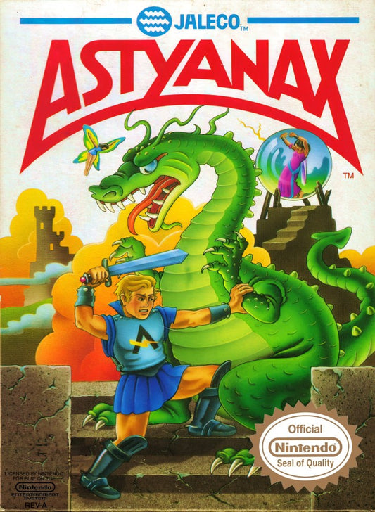 Astyanax Complete in Box CIB Nintendo Entertainment System NES for retro video game enthusiasts featuring action platforming gameplay fantasy adventure powerful axe combat magical enemies side scrolling action challenging stages complete in box collectible gaming appeal front cover