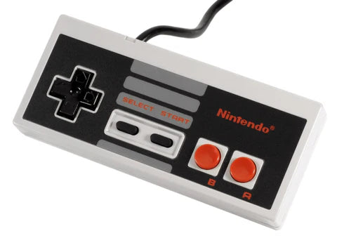 Top view of the Nintendo Entertainment System (NES) controller, showing D-pad, A and B buttons, Start and Select buttons, and classic rectangular design