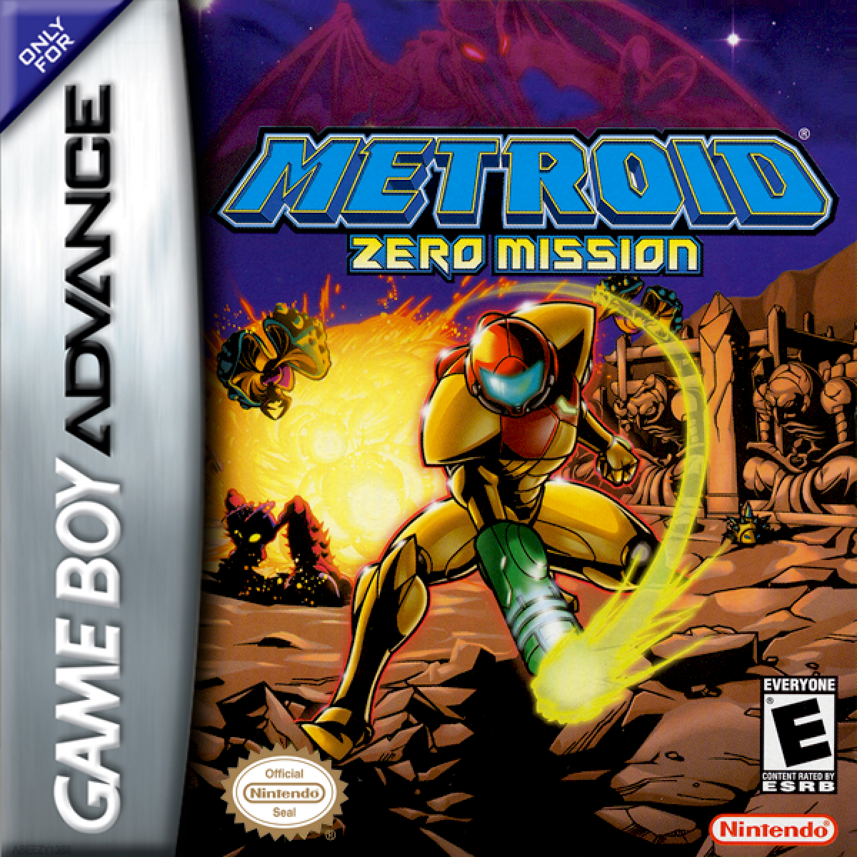 Metroid: Zero Mission action-adventure retro video game cartridge for Nintendo Game Boy Advance (GBA), featuring bounty hunter Samus Aran cover art