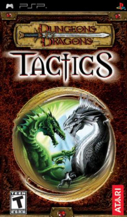 Dungeons & Dragons Tactics game cover for PlayStation Portable (PSP) with two dragons on a brown background