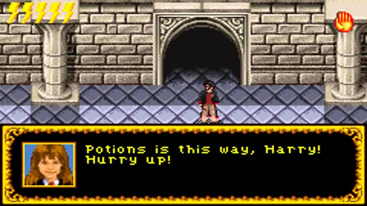 Harry Potter and the Sorcerers Stone Game Boy Advance GBA action-adventure video game based on the first film book top-down perspective spell casting potion making puzzle solving and exploring Hogwarts gameplay screenshot