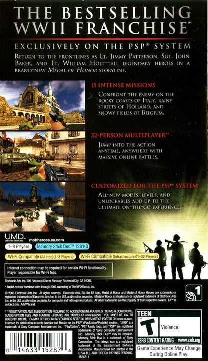 Medal of Honor Heroes UMD for the PlayStation Portable featuring World War II first person shooter gameplay with campaign missions multiplayer modes and tactical combat across historic battlefields back cover 