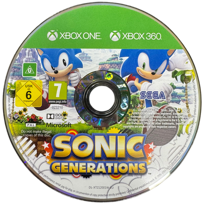 Sonic Generations PAL Import Xbox One XONE video game featuring fast paced action platforming gameplay Sonic the Hedgehog classic and modern Sonic characters high speed running 2D side scrolling stages 3D platforming levels iconic Sonic worlds Dr Eggman boss battles collectible rings time challenges and PAL region import edition retro video game collection collectible gaming appeal disc