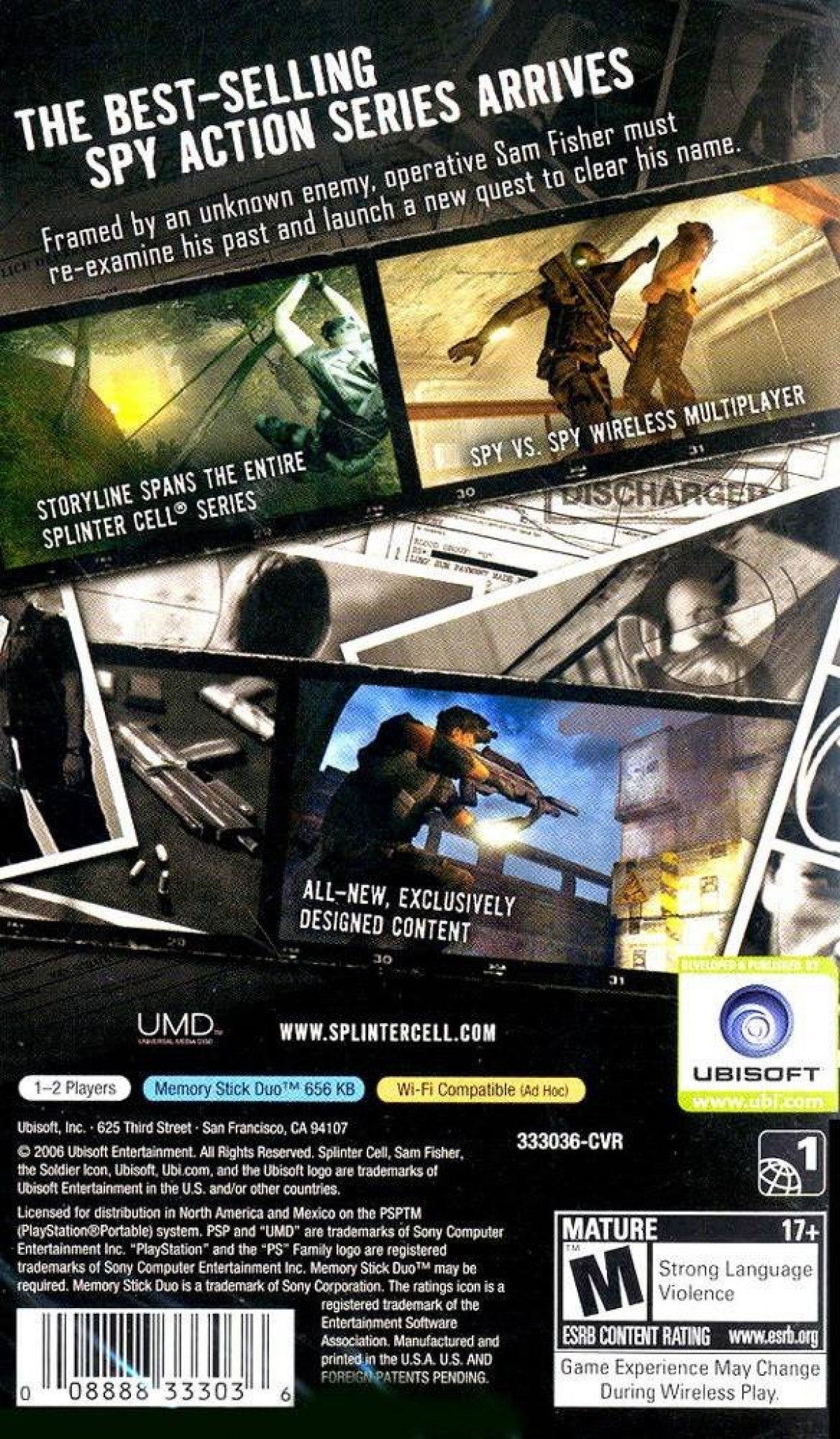 Tom Clancy's Splinter Cell: Essentials – back of case for PlayStation Portable (PSP) stealth action game