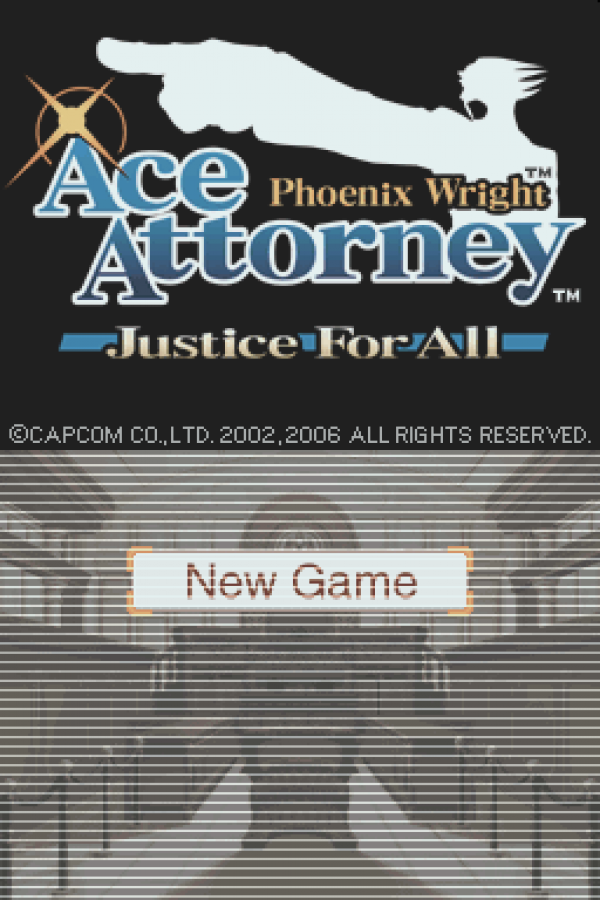 Phoenix Wright: Ace Attorney – Justice for All start menu for Nintendo DS (DS) courtroom visual novel adventure video game