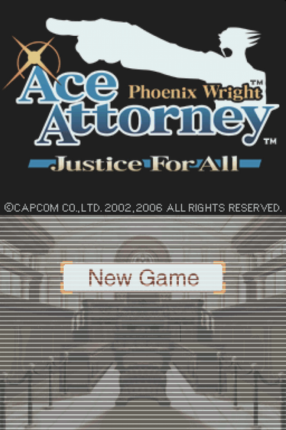 Phoenix Wright: Ace Attorney – Justice for All start menu for Nintendo DS (DS) courtroom visual novel adventure video game