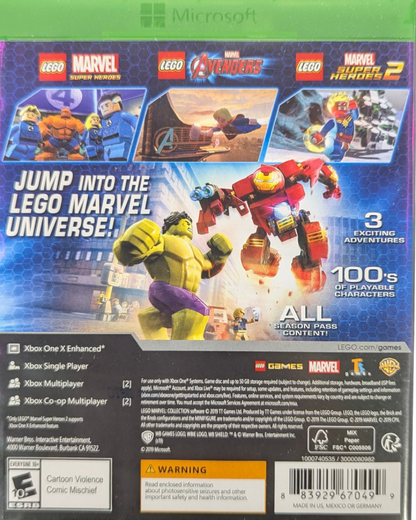 LEGO Marvel Collection Xbox One video game, action adventure bundle, LEGO superhero gameplay, cooperative multiplayer, console title back cover
