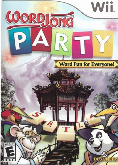 WordJong Party Wii inspired design featuring word puzzle and tile matching gameplay aesthetic casual family friendly challenges strategic vocabulary building colorful party game atmosphere relaxing brain training entertainment nostalgic Nintendo Wii presentation cover art