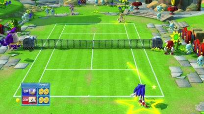 Sega Superstars Tennis Wii inspired design featuring arcade style tennis gameplay aesthetic iconic Sega characters colorful courts motion controlled matches fast paced multiplayer action family friendly sports competition nostalgic Nintendo Wii presentation gameplay