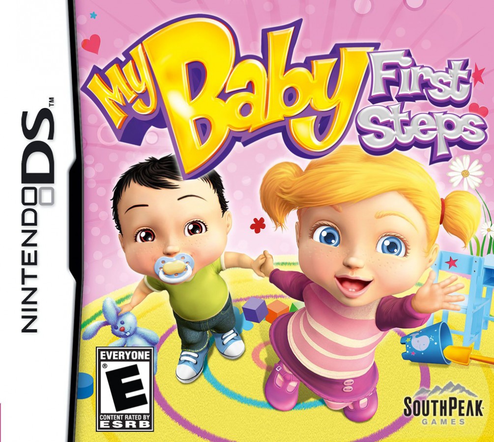 My Baby First Steps for Nintendo DS (DS), cover image for a retro video game featuring baby care simulation gameplay, nurturing activities, mini-games, child development challenges, and family-friendly interactive play