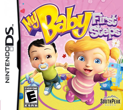 My Baby First Steps for Nintendo DS (DS), cover image for a retro video game featuring baby care simulation gameplay, nurturing activities, mini-games, child development challenges, and family-friendly interactive play