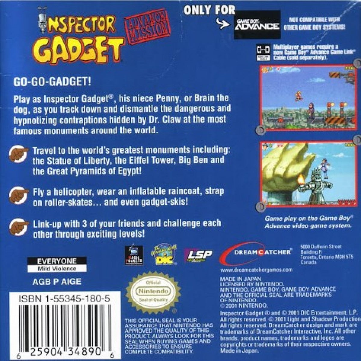 Inspector Gadget Game Boy Advance GBA for action platforming video game fans featuring Inspector Gadget gadgets and abilities side scrolling gameplay cartoon inspired environments enemy encounters puzzle solving challenging stages and classic portable Nintendo gameplay collectible gaming appeal back cover art