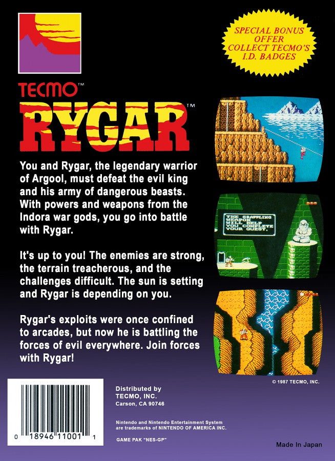 Rygar Nintendo Entertainment System NES for retro video game enthusiasts featuring action adventure platforming gameplay mythical fantasy exploration side scrolling combat legendary weapon upgrades challenging enemies ancient landscapes and collectible gaming appeal back cover