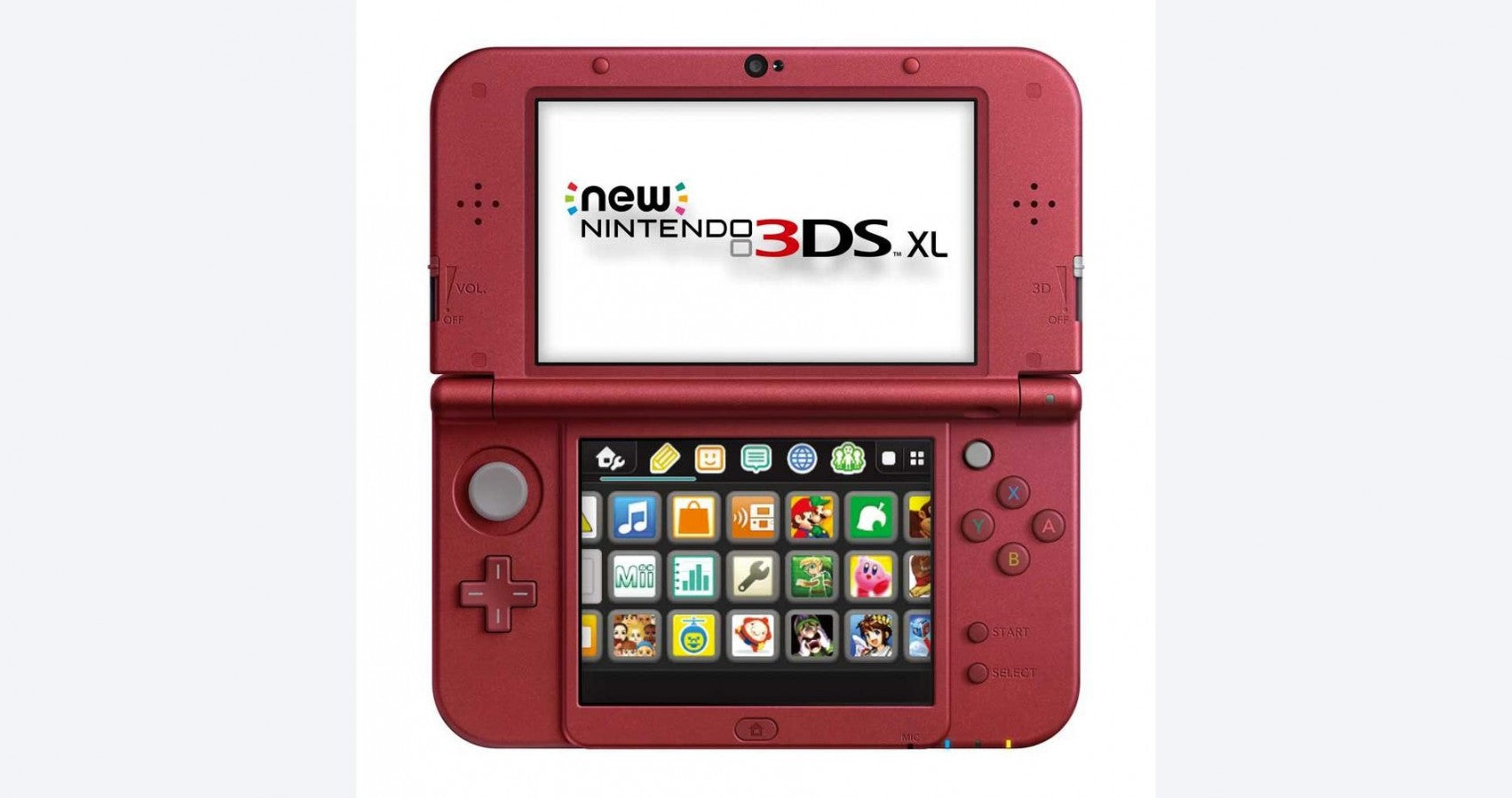 Nintendo New 3DS XL Red System inspired design featuring handheld gaming console aesthetic vibrant red finish large dual screen display enhanced processing power glasses free 3D technology iconic Nintendo clamshell hardware and portable gaming presentation open head on 