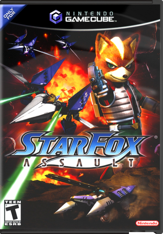 Cover art for Star Fox Assault GameCube game featuring space combat, on-foot action, and classic Star Fox gameplay elements