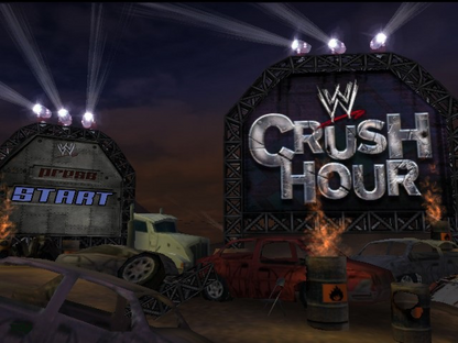 WWE Crush Hour Nintendo GameCube GC video game featuring vehicular combat action gameplay WWE superstars and wrestling characters weaponized cars explosive arena battles machine guns missiles rockets vehicle upgrades destructive racing combat special attacks championship challenges and chaotic professional wrestling themed driving action classic Nintendo GameCube arcade combat retro video game collection collectible gaming appeal gameplay